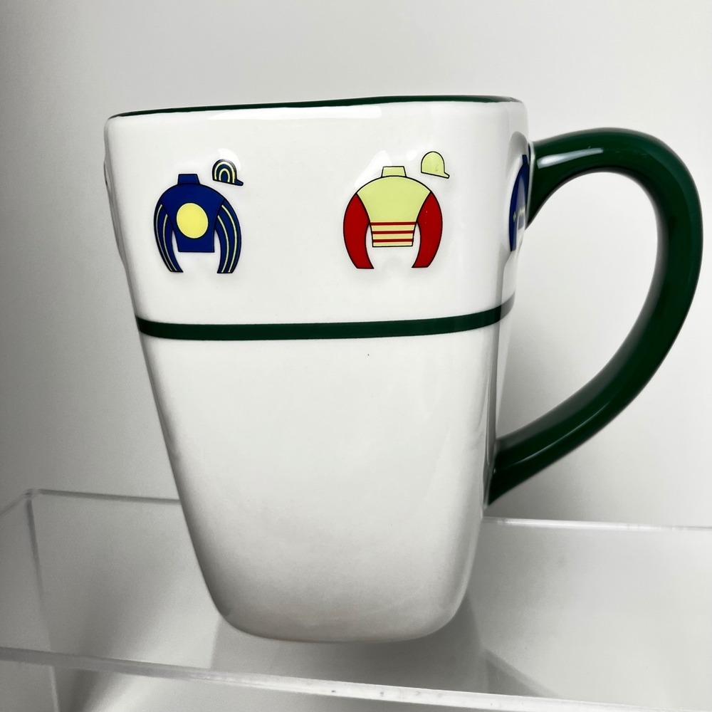 Keeneland Horse Racing Mug Jockey Silks Square Ceramic‎ Coffee Cup Green White